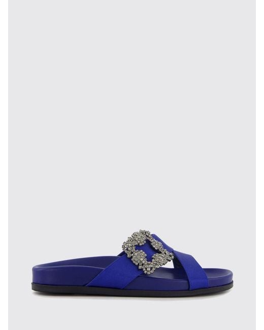 Manolo Blahnik Blue Chilanghi Flat Silk Slides With Jewelled Buckle Detail