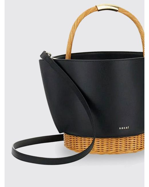 Sacai Blue Raffia Leather And Wicker Bag