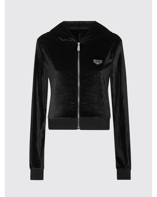 Philipp Plein Black Cropped Velvet Zip Hoodie With Skull Rhinestones