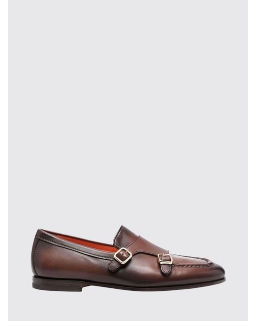 Santoni Brown Leather Monk Strap Shoes for men