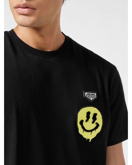 Philipp Plein Black Cotton T-Shirt With Contrasting Logo Patch And Dropped Shoulders for men