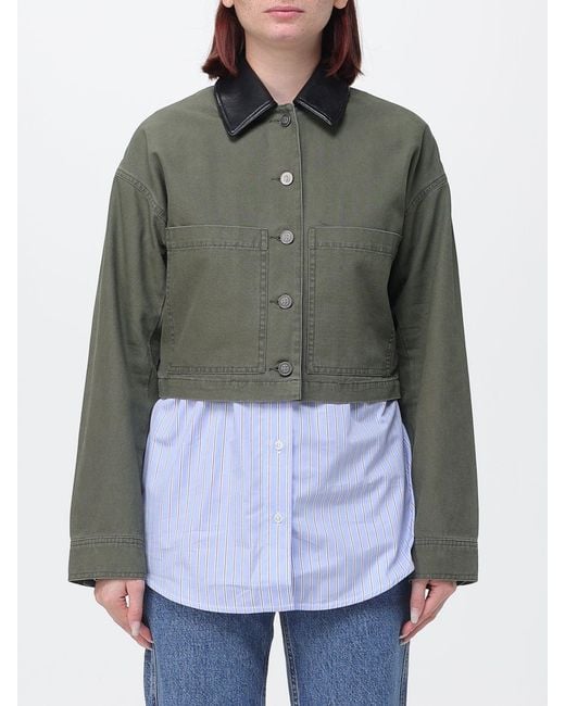 Anine Bing Green Yuma Cotton Shirt Jacket With Contrast Leather Collar