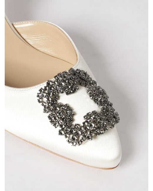 Manolo Blahnik Natural Hangisli Satin Slingback Pumps With Jewel Buckle