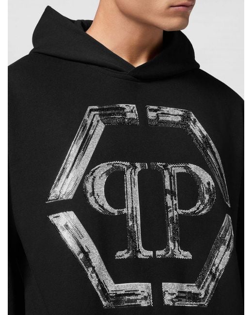 Philipp Plein Black Cotton Hoodie With Hexagon Logo And Monogram for men