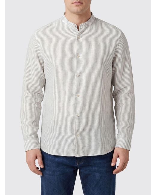 Boglioli Gray Striped Linen Slim Fit Shirt With Mandarin Collar for men