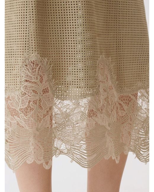 Fabiana Filippi Natural Perforated Suede Midi Skirt With Lace Inserts