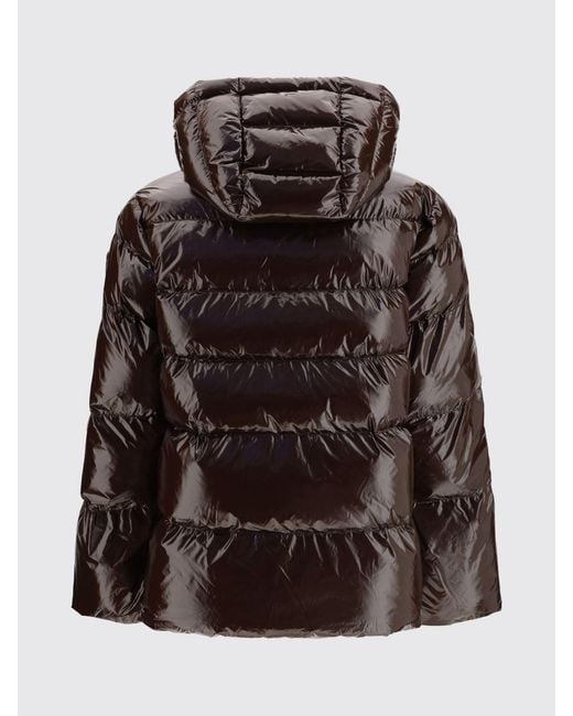 Pinko Brown Quilted Waterproof Nylon Short Puffer Jacket With Hood And Elasticated Cuffs