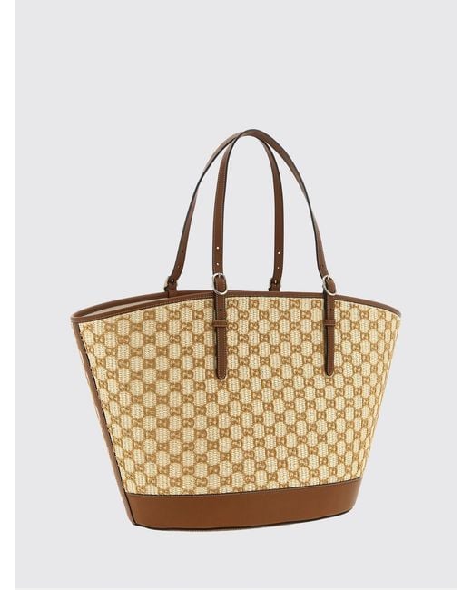 Gucci Natural Large Raffia Tote Bag With Flocked Gg Monogram And Double Handles