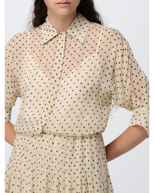 Crida Milano Natural Polka-Dot Silk Chiffon Midi Chemisier Dress With Long Sleeves