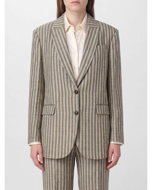 Brunello Cucinelli Gray Striped Linen Single-Breasted Blazer With Peak Lapels