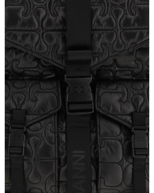 Ganni Black Re-Tech Recycled Nylon Backpack With Quilted Monogram