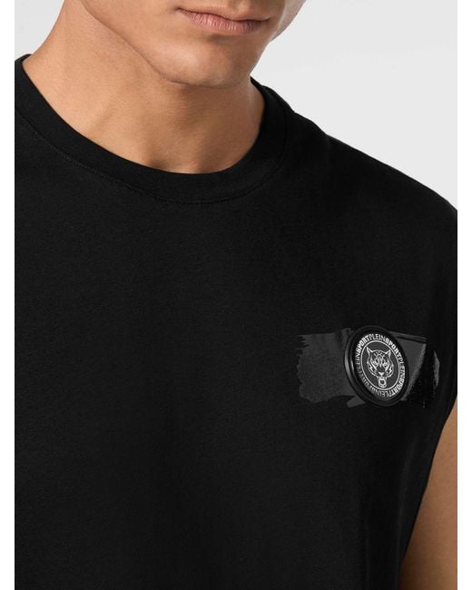 Philipp Plein Black Cotton Tank Top With Contrast Logo And Round Neck for men