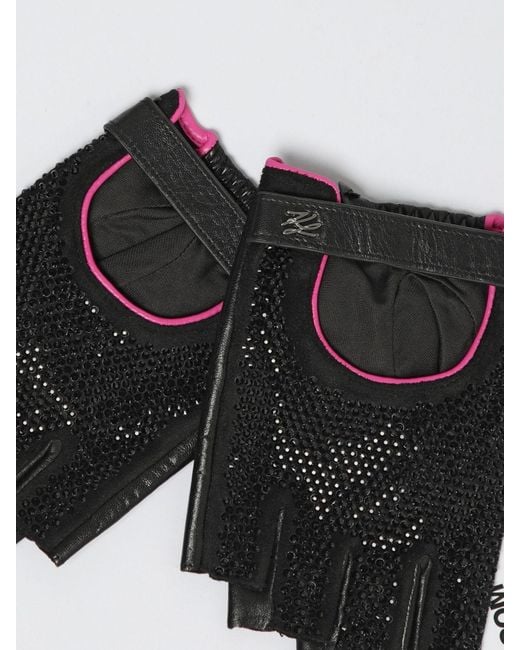 Karl Lagerfeld Black Fingerless Leather Gloves With Rhinestones
