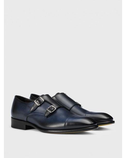 Doucal's Blue Leather Monk Strap Shoes for men