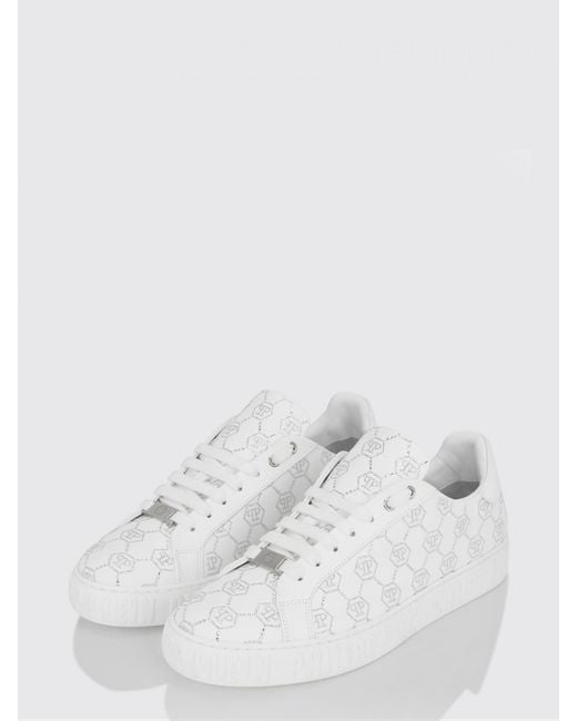 Philipp Plein White Carson Leather Sneakers With Rhinestone Hexagon for men