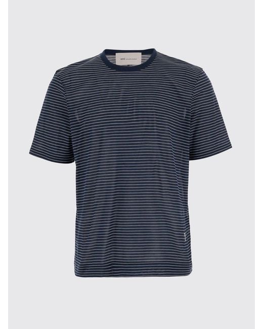 AMI Blue Striped Cotton T-Shirt for men