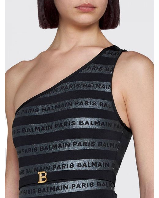 Balmain Black One-shoulder Logo-print Swimsuit