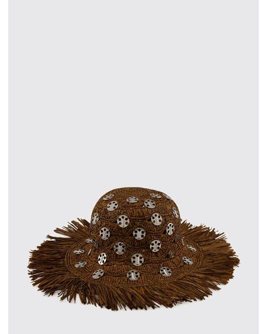 Rabanne Brown Woven Raffia Hat With A Wide Brim And Frayed Edge Detailing