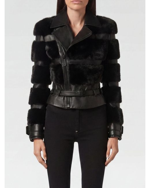 Philipp Plein Black Nappa Leather Biker Jacket With Mink Fur Details