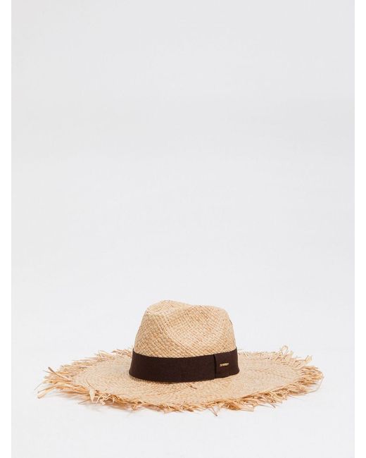 Twinset Natural Wide Brim Woven Raffia Hat With A Frayed Edge And Grosgrain Detail