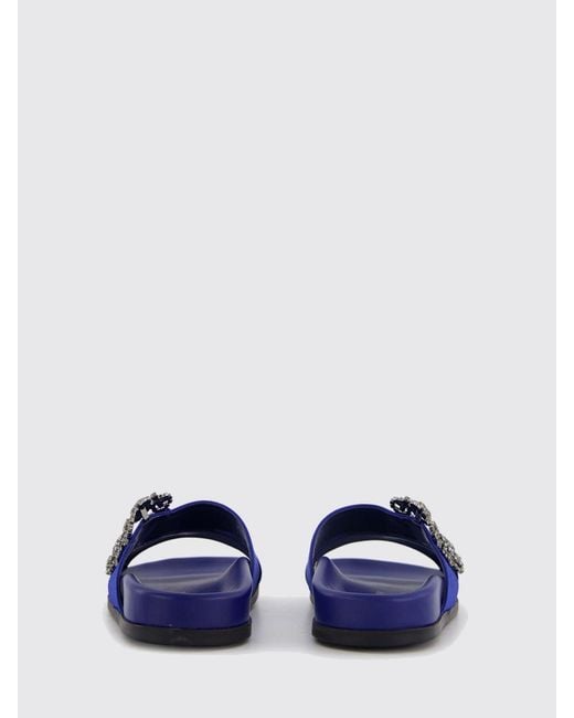 Manolo Blahnik Blue Chilanghi Flat Silk Slides With Jewelled Buckle Detail