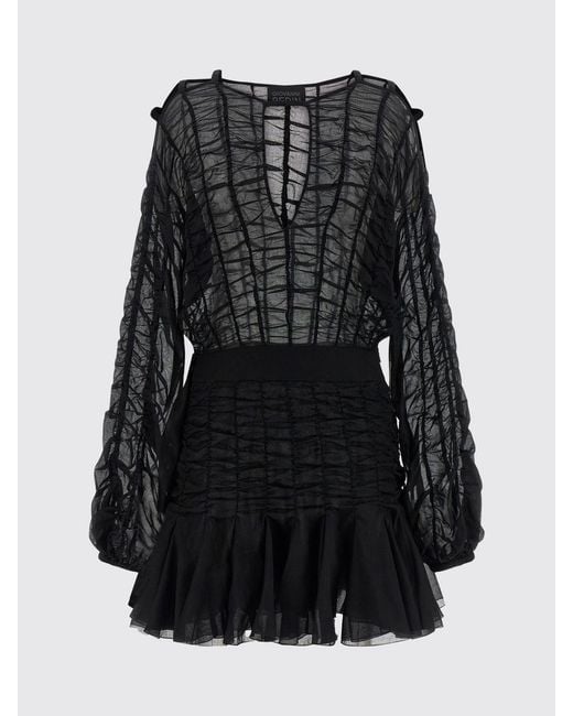 Giovanni bedin Black Ruched Cotton Sheath Mini Dress With Balloon Sleeves