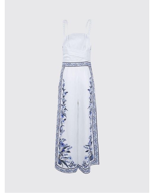 Farm Rio White Floral Print Linen Wide-Leg Jumpsuit
