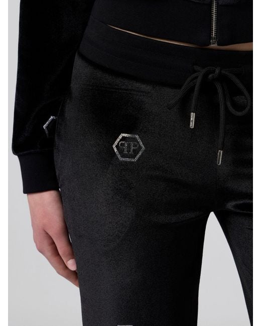 Philipp Plein Black Low-Rise Velvet Jogging Trousers With Hexagon Logo