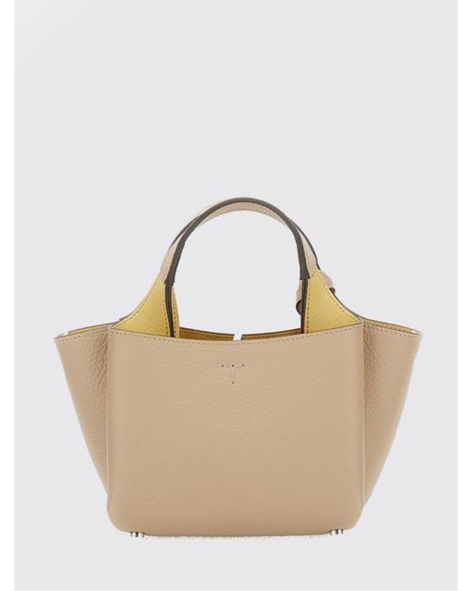 Tod's Natural Small Grained Leather Handbag With Flared Design And Charm