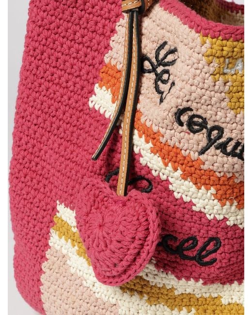 Lancel Red Summer Mania Crochet Cotton Bag