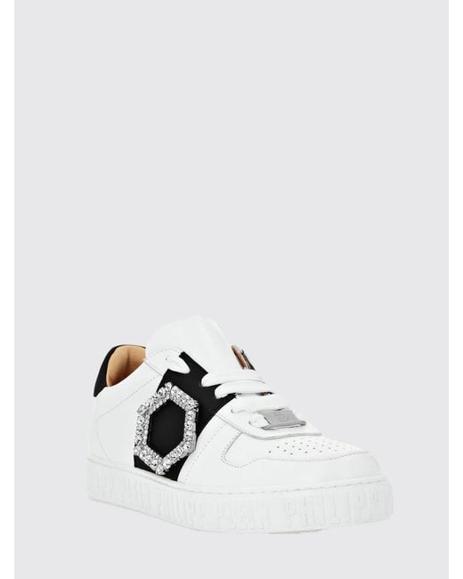 Philipp Plein White Low-Top Smooth Leather Sneakers With Jewel Buckle And Engraved Logo