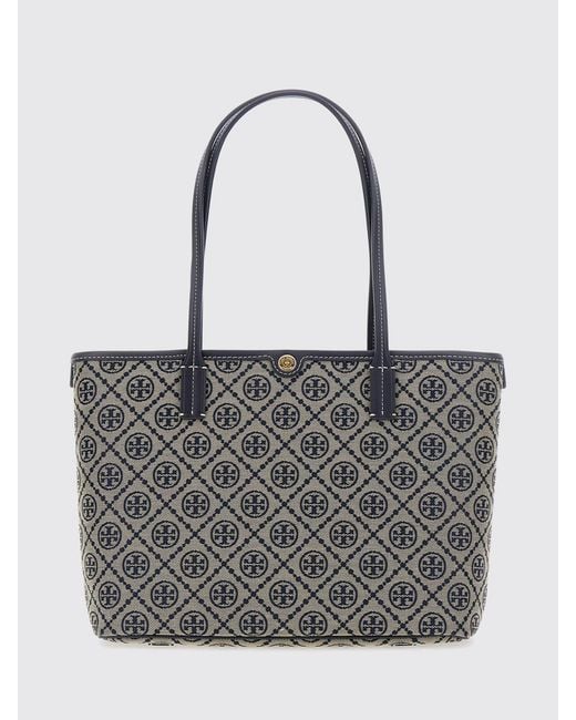 Tory Burch Gray T Monogram Small Cotton Tote Bag With Double T Logo