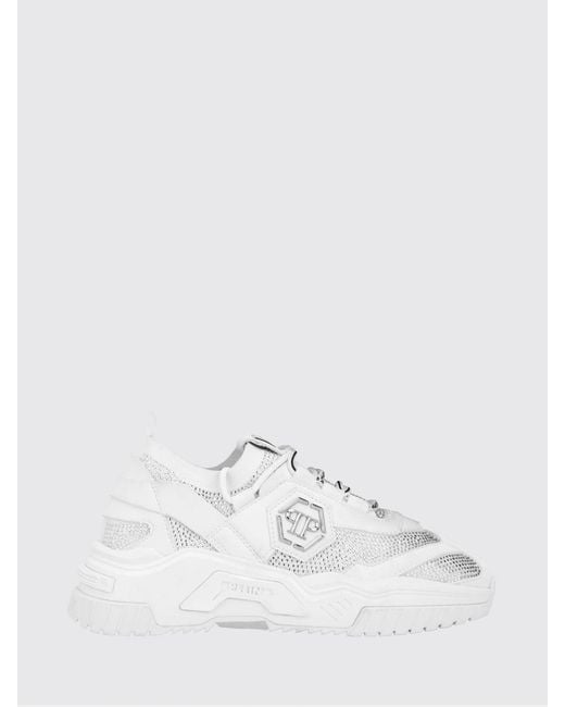 Philipp Plein White Low-Top Leather And Stretch Viscose Sneakers With Monogram And Rhinestones for men