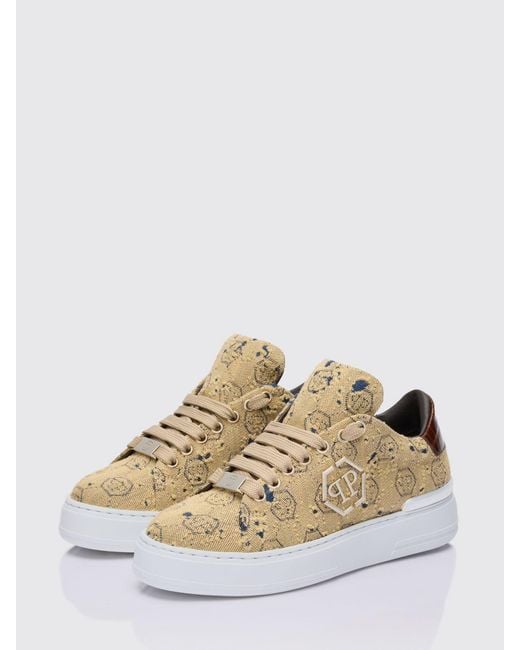 Philipp Plein Brown Bleached Denim Sneakers With Hexagon Jacquard for men
