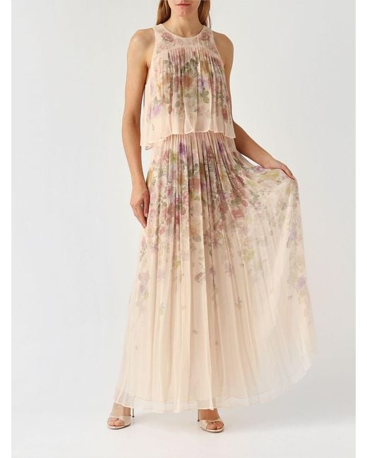 Twinset Natural Long Crêpe Dress With Floral Print