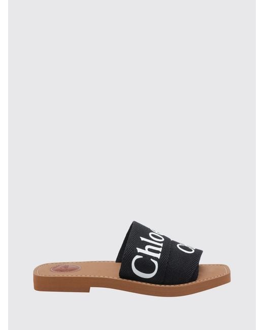 Chloé White ChloÉ Woody Canvas Slide Sandals With Logo And Square Toe