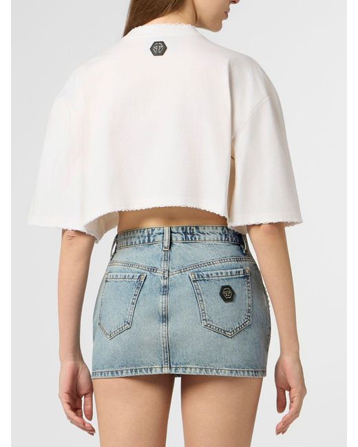 Philipp Plein White Cropped Cotton T-Shirt With Jacquard Logo And Fringed Hem
