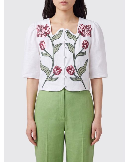 Farm Rio Green Off- Flower Linen Shirt With Asymmetrical Neckline
