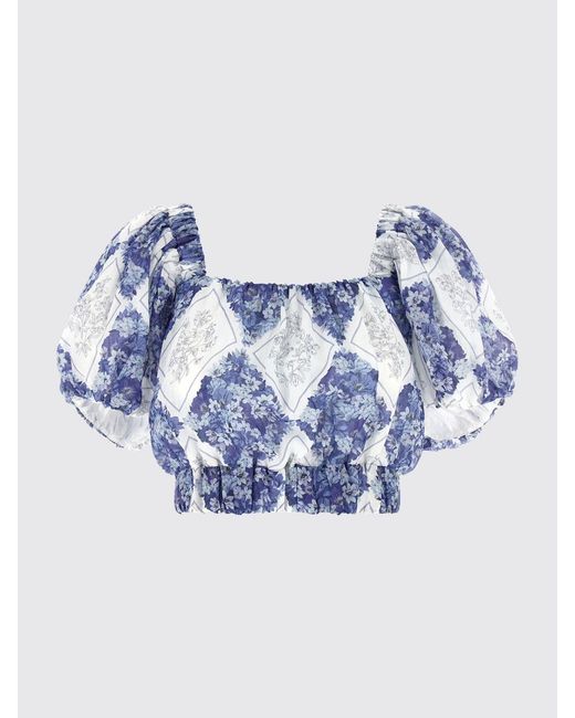 Twinset Blue Cropped Ramie Top With Floral Print