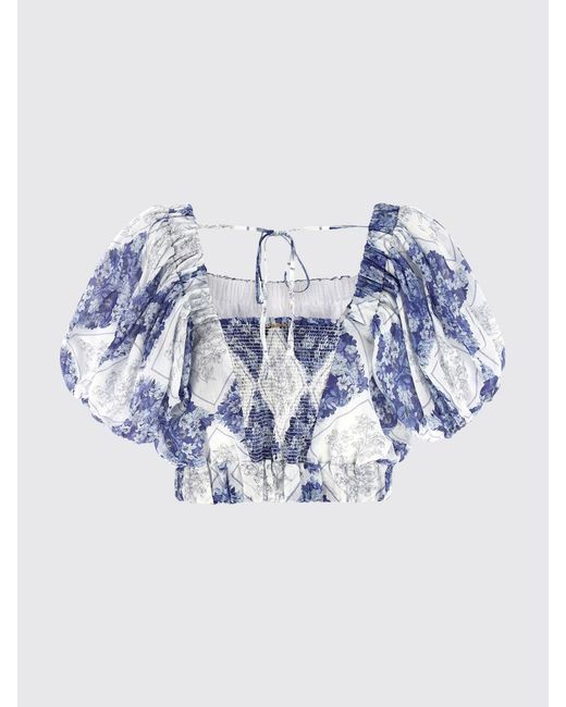 Twinset Blue Cropped Ramie Top With Floral Print