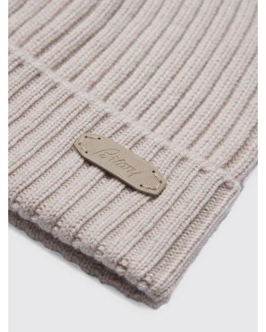 Brioni Gray Ribbed 100% Cashmere Beanie With Cuff And Applied Logo for men
