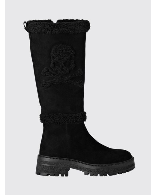Philipp Plein Black Suede Knee-High Boots With Skull And Shearling Lining