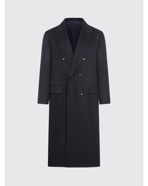 Kiton Blue Double-Breasted Cashmere Coat for men