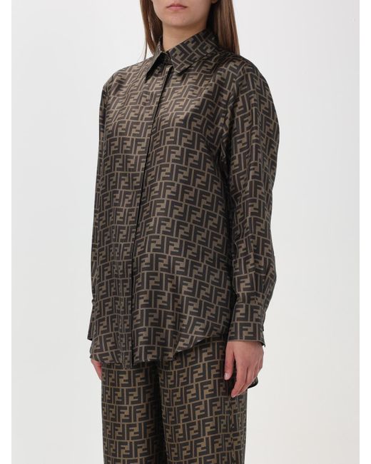 Camisa De Seda Con Estampado De Monograma Fendi de color Gray