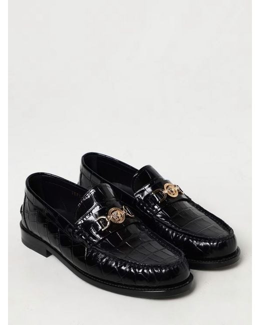 Versace Black Croc Print Brushed Leather Loafers for men