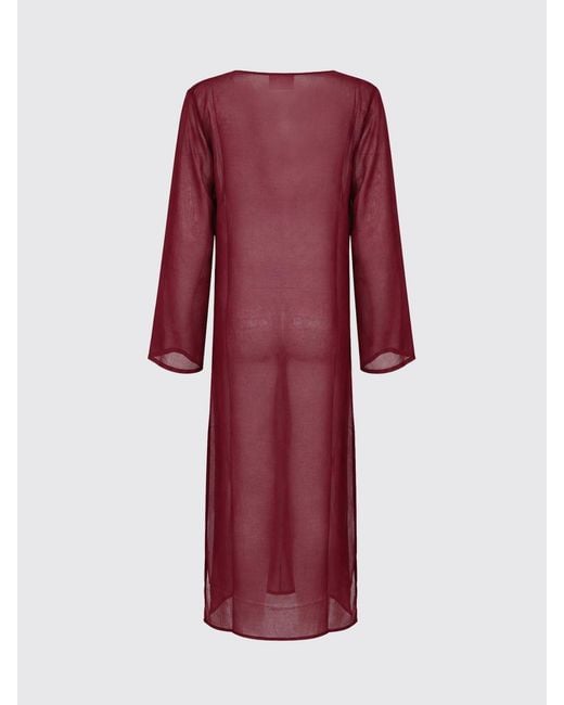 Mc2 Saint Barth Red Sheer Tulle Midi Tunic With V-Neck And Long Sleeves