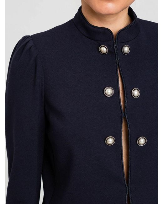 Twinset Blue Cropped Viscose Jacket With Mandarin Collar And Pearl Embellishments
