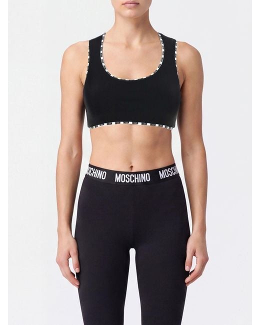 Moschino Couture Black Cropped Sports Jersey Top With Contrast Logo And Round Neck