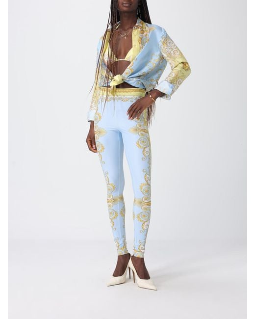 Versace Blue Stretch Fabric Leggings With Baroque Print