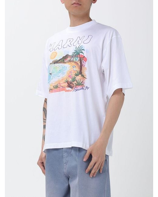 Marni White Cotton T-Shirt With Graphic Print for men